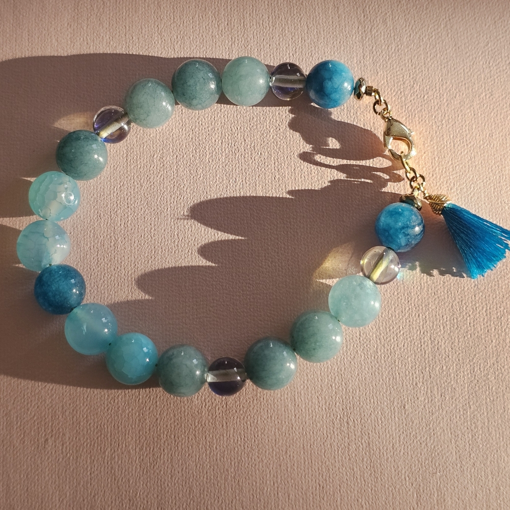 Handmade Natural Stones Aqua and Gold Bracelet with Tassel..
